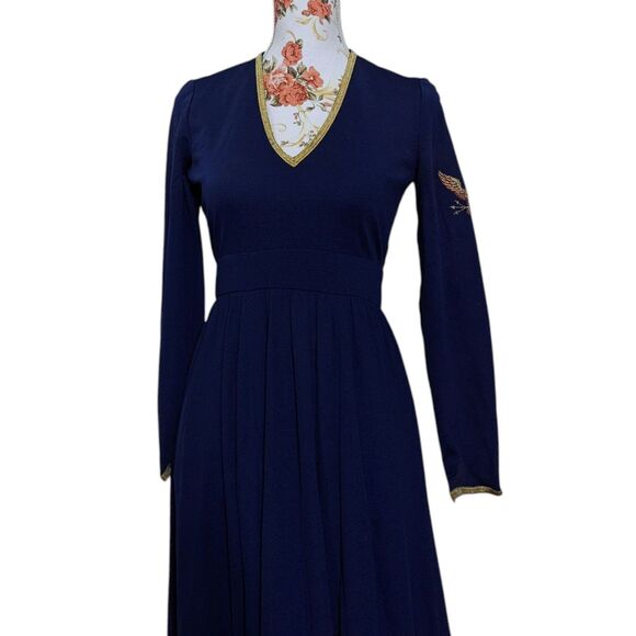 Vintage Pat Richards Sz Small Navy Blue Maxi Dress Gold Trim Embroidered Eagle - Picture 8 of 11